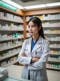 中国医院药房柜台：药品整齐排列，明亮的荧光照明，宁静的环境。