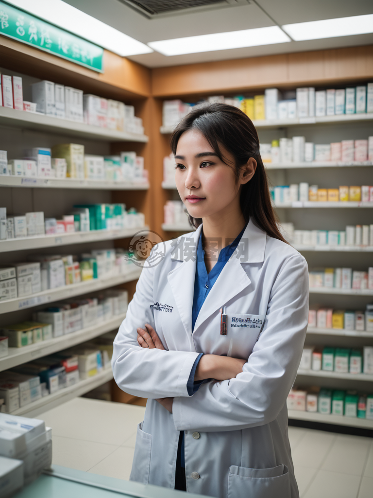 中国医院药房柜台：药品整齐排列，明亮的荧光照明，宁静的环境。