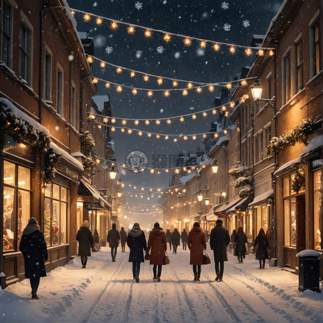 冬夜雪落景致美，街灯照耀乐融融。