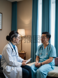 私人医院病房中，中医生与患者亲切交谈