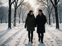 雪中漫步情侣情深