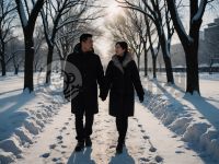 雪中漫步情侣情深