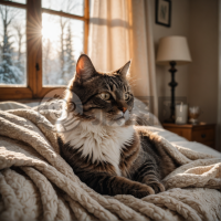 温暖的卧室，阳光洒满窗，猫儿卧床上