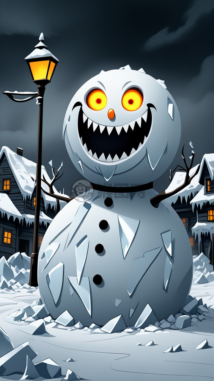 标题可以是：雪夜村街诡笑魔或者荒村路灯怪笑魔。这些标题能够传达出描述中提到的恐怖雪人的一些特点，如诡异的笑容、冰块牙齿、空洞的眼睛、雪堆、寒风和卡通风格等。