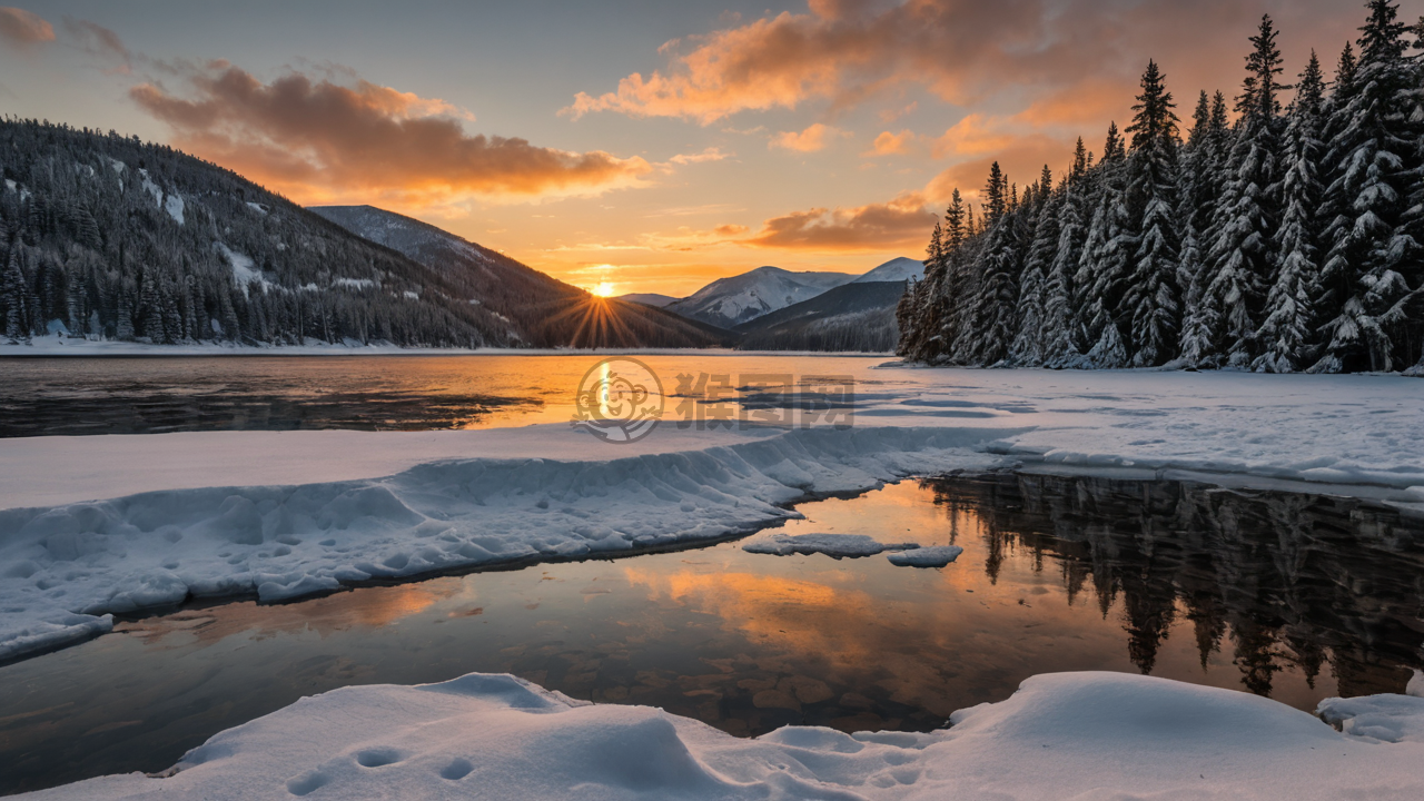 金夕阳映冰湖 雪山映衬赏松影