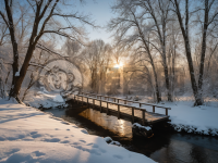 《雪桥霜树，冬日金阳》