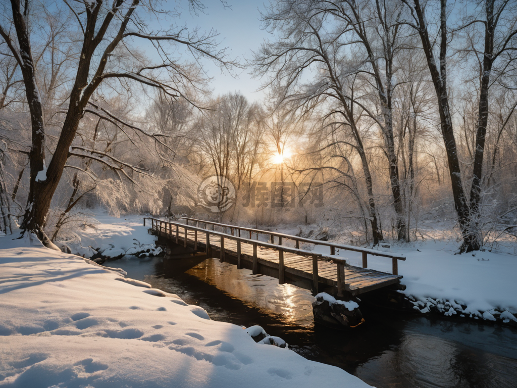 《雪桥霜树，冬日金阳》