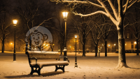 黄昏雪景下的公园长椅