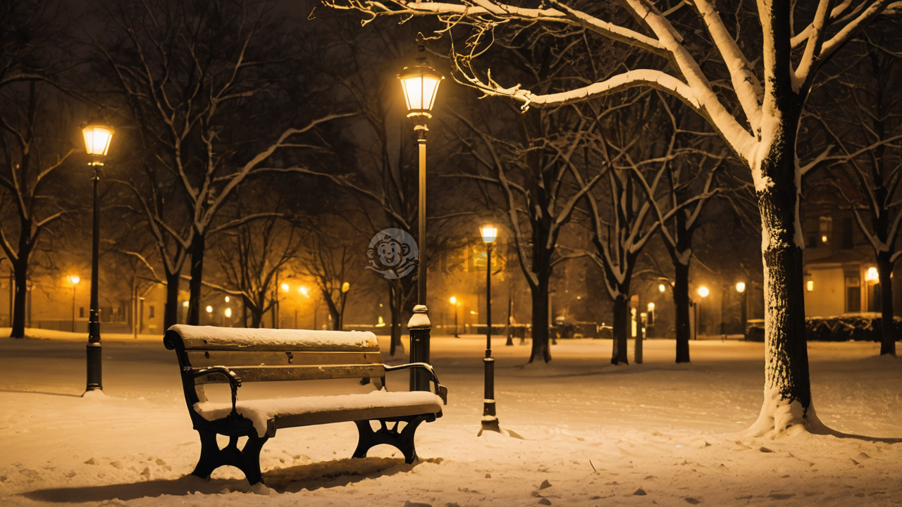 黄昏雪景下的公园长椅
