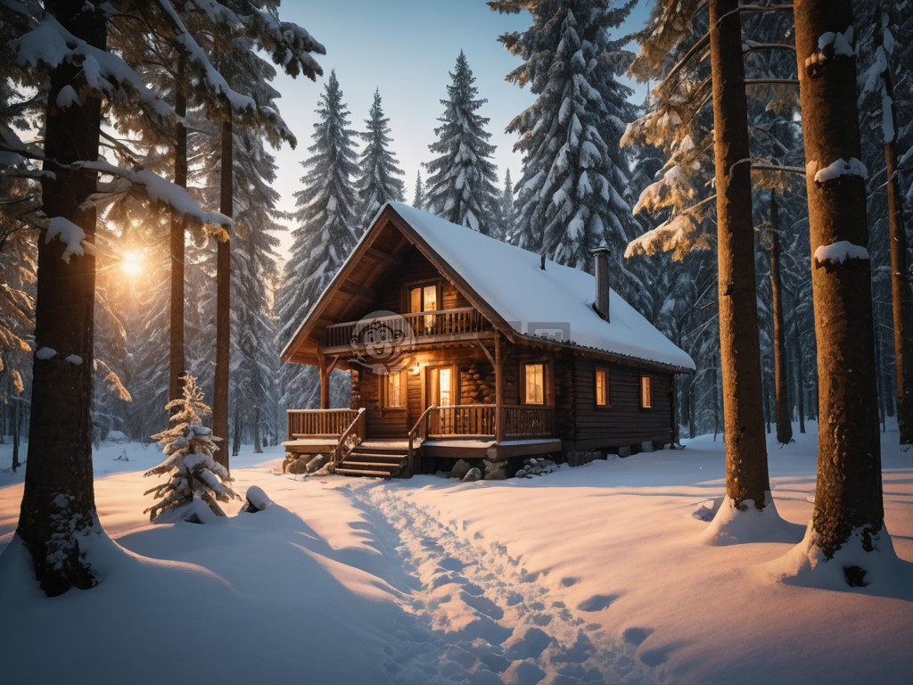 雪夜森林温馨小屋，细腻纹理，4K品质温暖如春