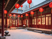 雪夜古巷暖灯光