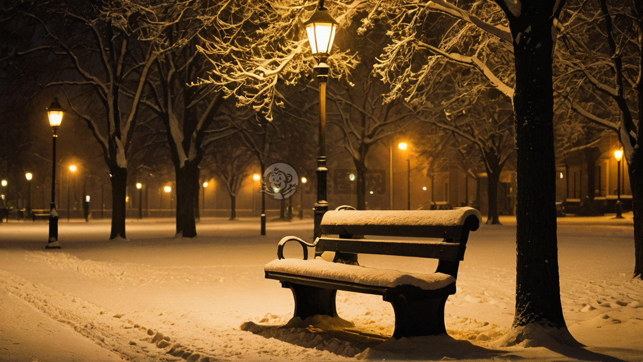 暮色下的雪景长椅之夜