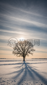 雪地孤树，冬日阳光下的风景