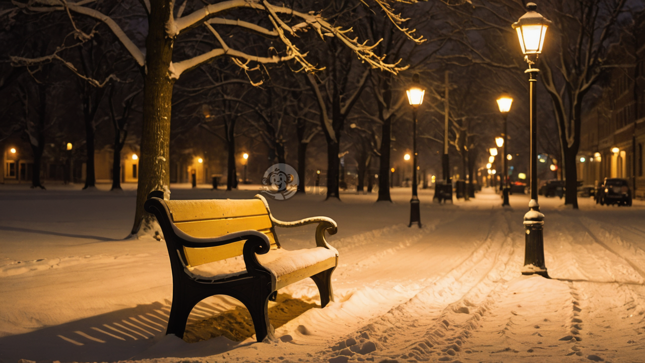 暮色中雪景公园长椅上的片刻宁静