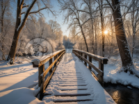 雪桥冬景，金阳破冰