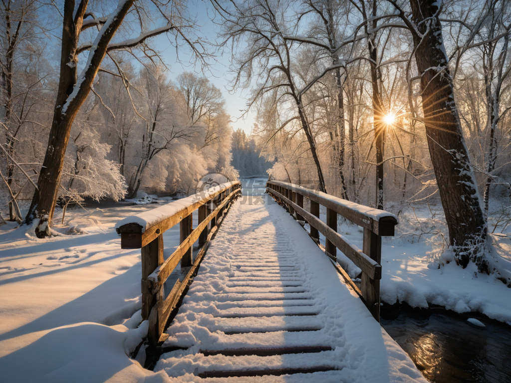 雪桥冬景，金阳破冰