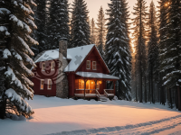 雪山木屋冬日暖照