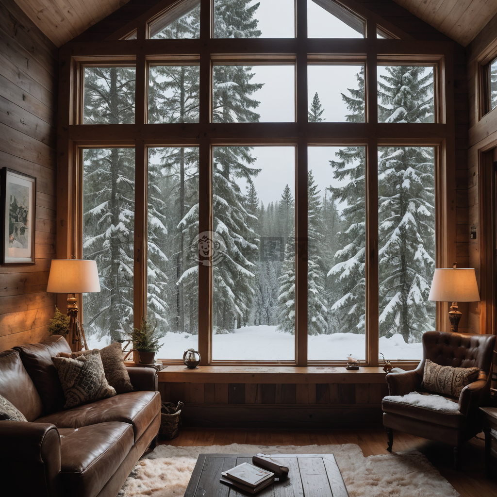 雪林小屋：温馨窗外的宁静森林