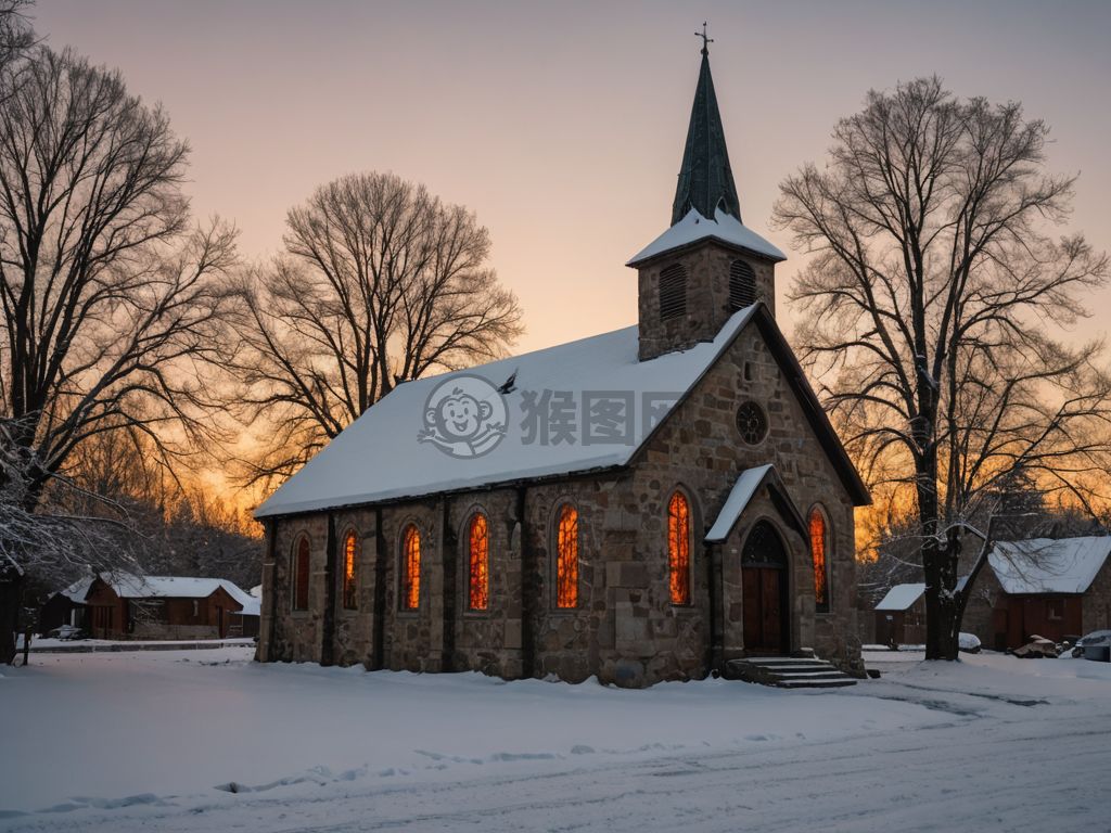 雪中古教堂，温暖如画