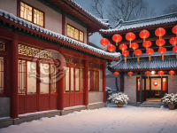 雪夜红灯照古巷，冬日温暖照人家