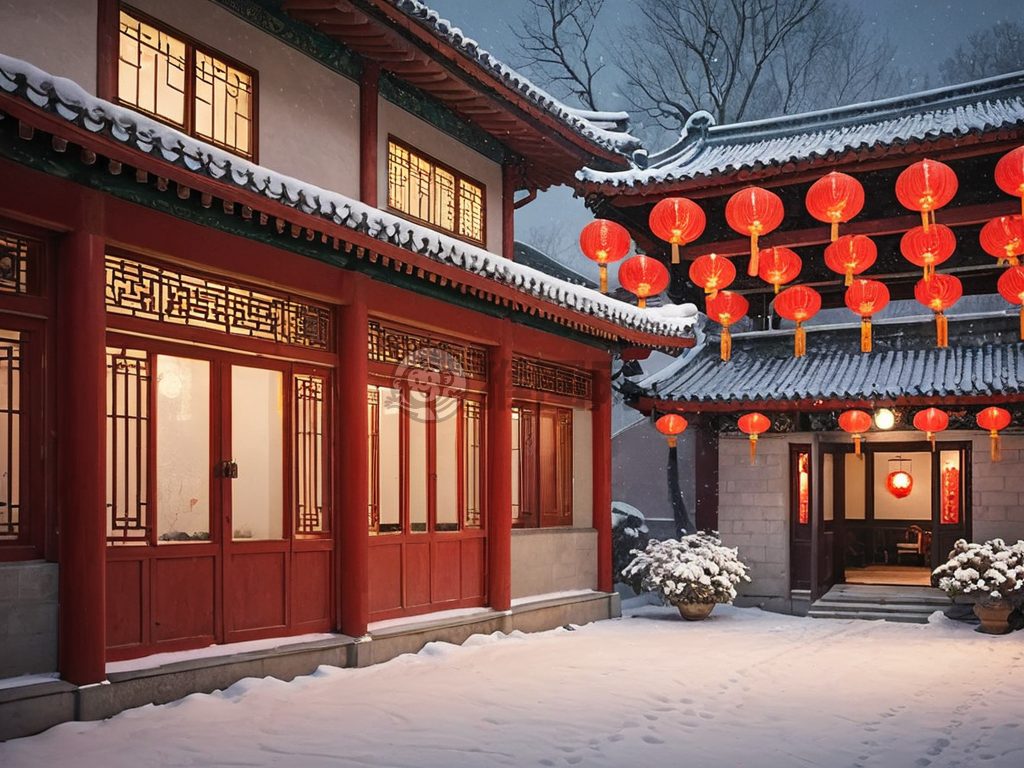 雪夜红灯照古巷，冬日温暖照人家