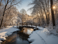 雪桥冬景，金阳破冰