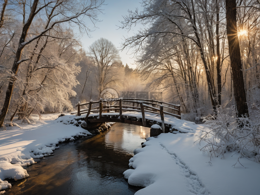 雪桥冬景，金阳破冰