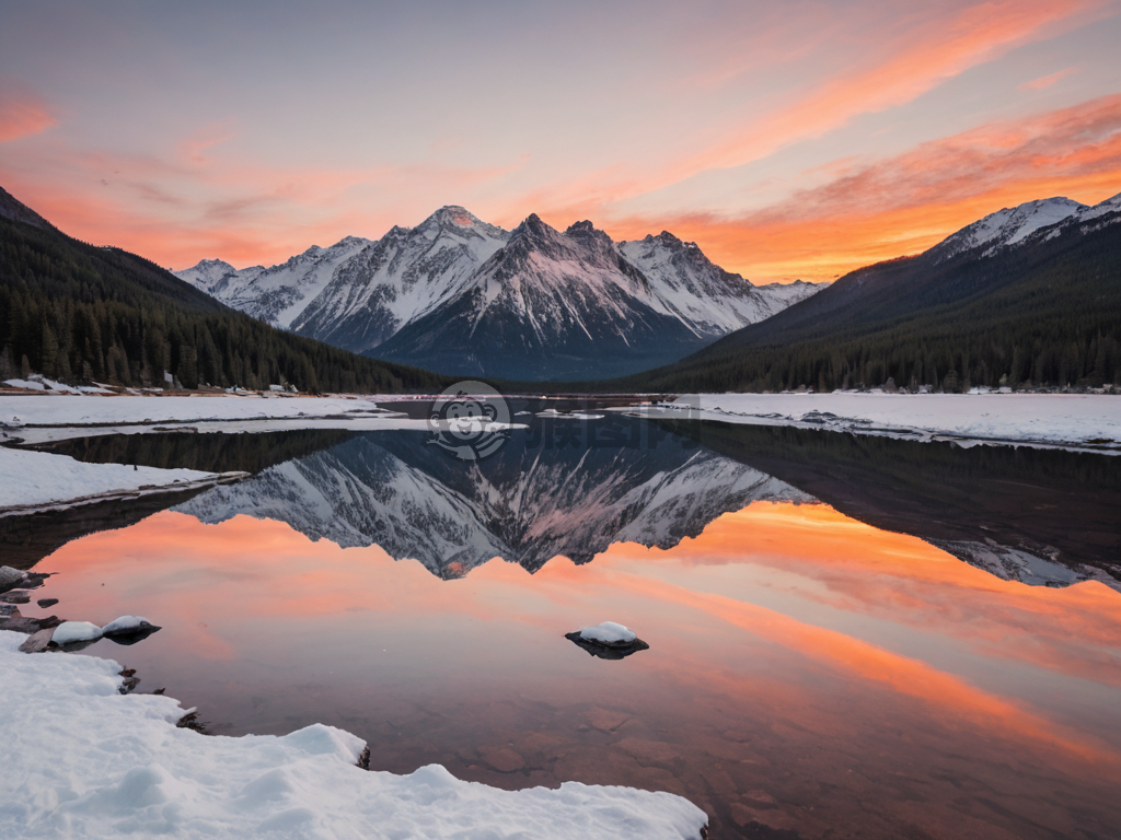 冰湖映雪山，夕阳染粉霞