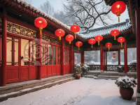 雪夜红灯笼的古巷宁静之美