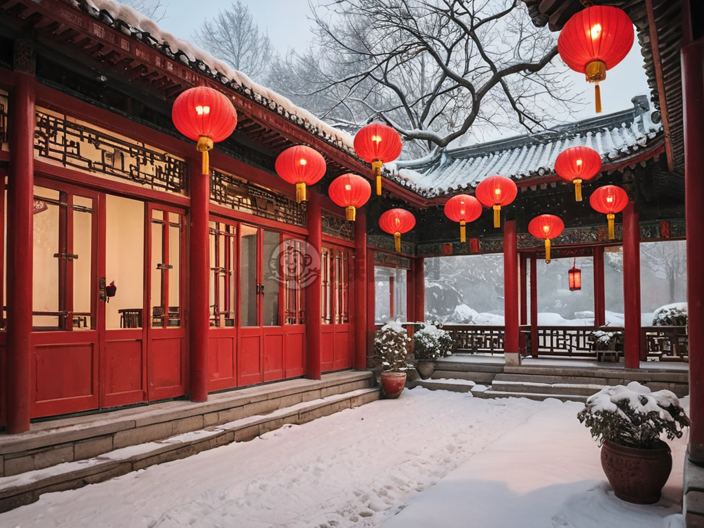 雪夜红灯笼的古巷宁静之美