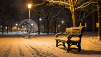 黄昏雪景下的公园长椅