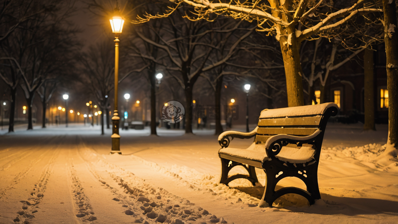 黄昏雪景下的公园长椅