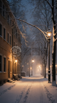 冬夜雪景之宁静美
