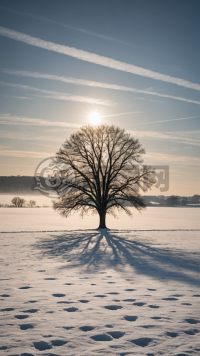 雪地孤树，低照相机下的冬季日落