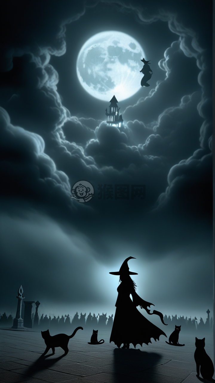 暗夜女巫施咒：月光、黑云与黑猫的恐怖夜景