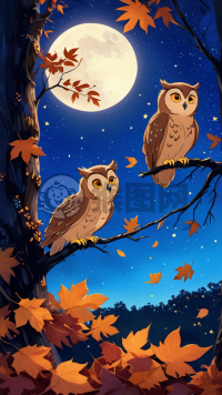 秋夜枝头双枭鸣，星辉落叶绘深情
