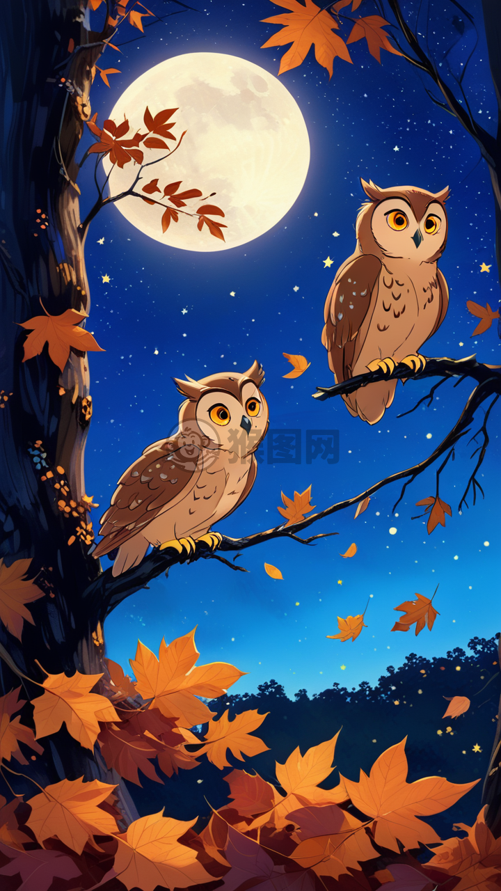 秋夜枝头双枭鸣，星辉落叶绘深情