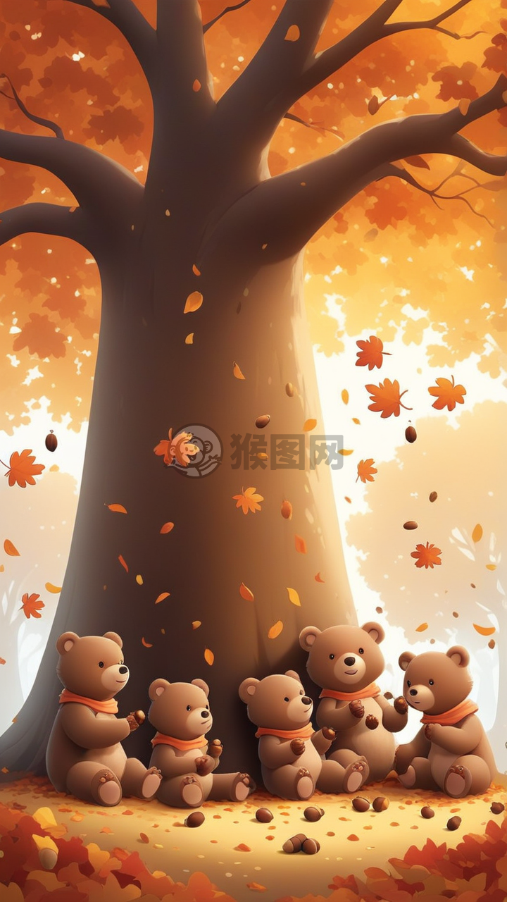 秋日橡树下熊仔采集橡果