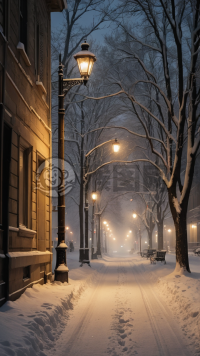 冬夜雪景之美，宁静安详氛围。
