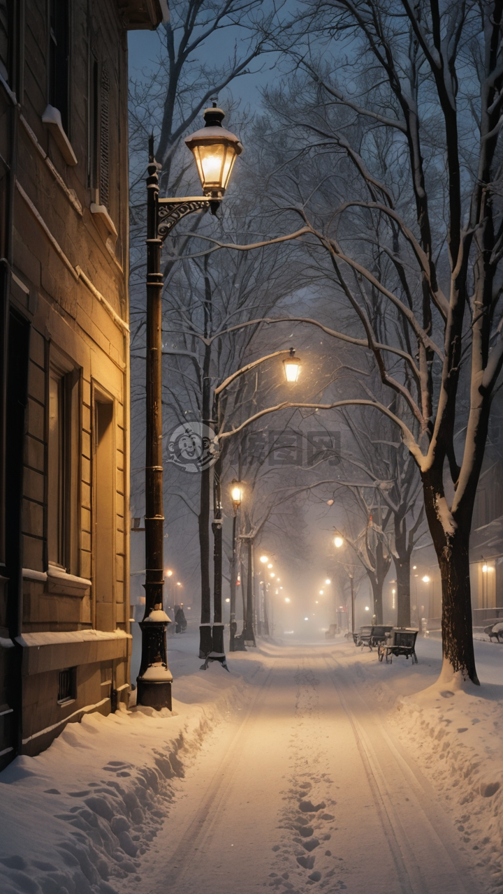 冬夜雪景之美，宁静安详氛围。
