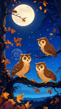 秋夜树枝上的两只猫头鹰，暖光数字画