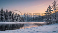 宁静冬日冰雪湖畔美景