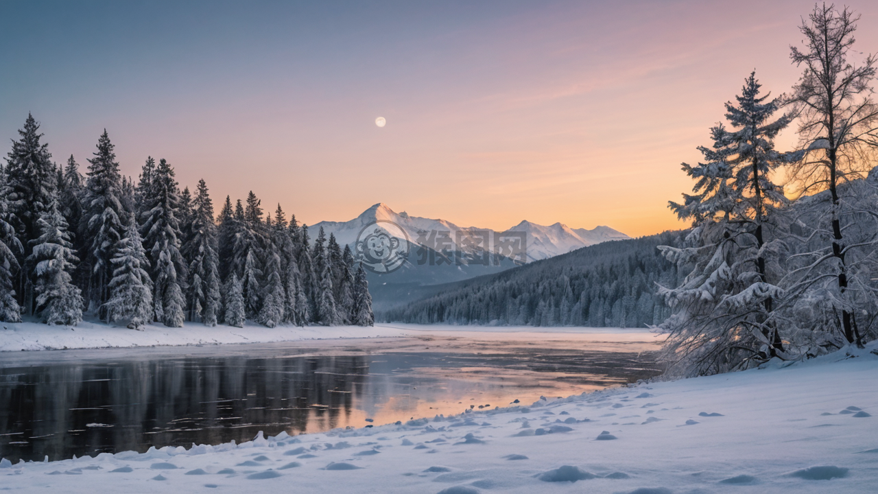 宁静冬日冰雪湖畔美景