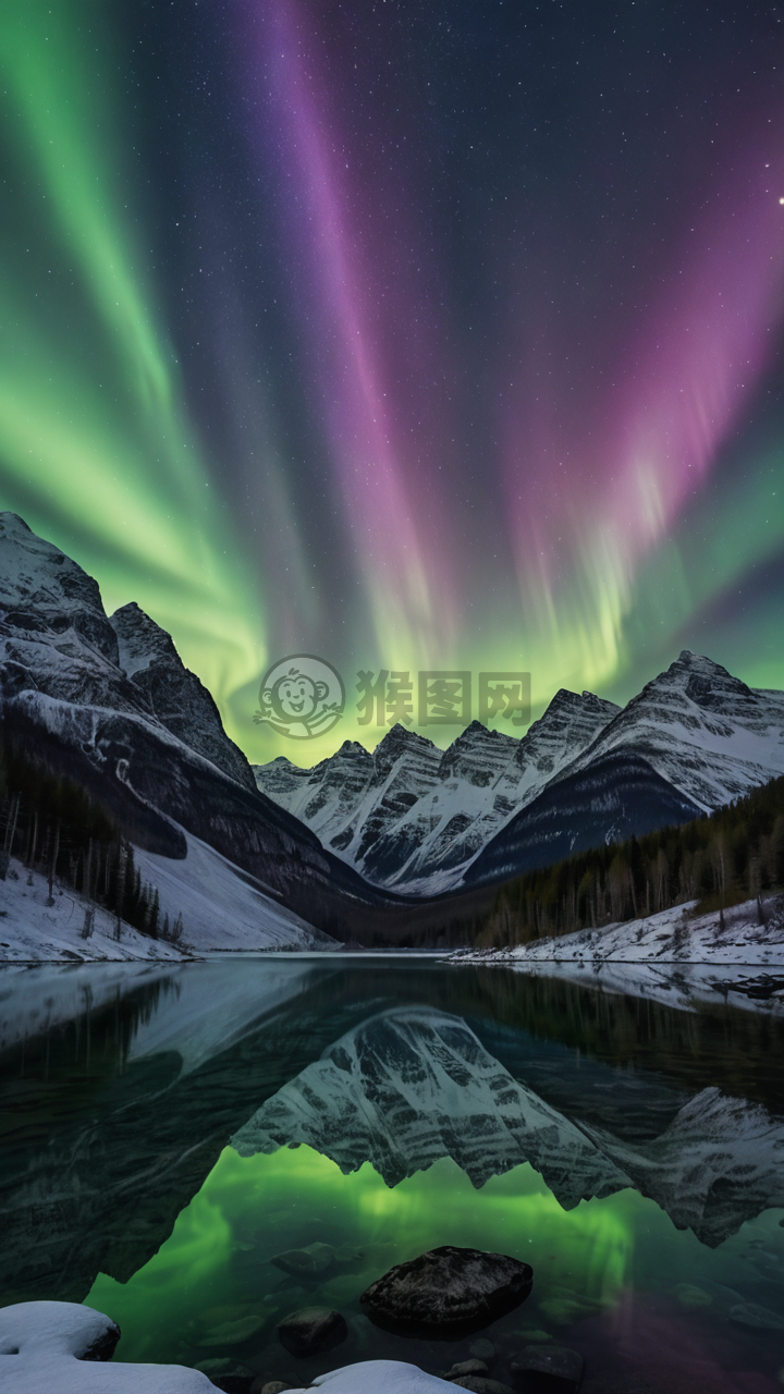雪峰映彩极光美轮美奂的冬夜景色