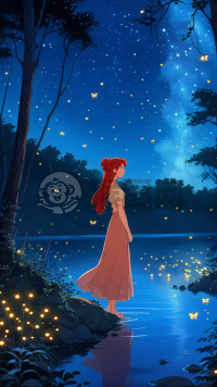 《红发少女在神秘湖畔的吉卜力风格奇幻》