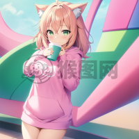 粉红猫脸女孩热可可的美好时刻