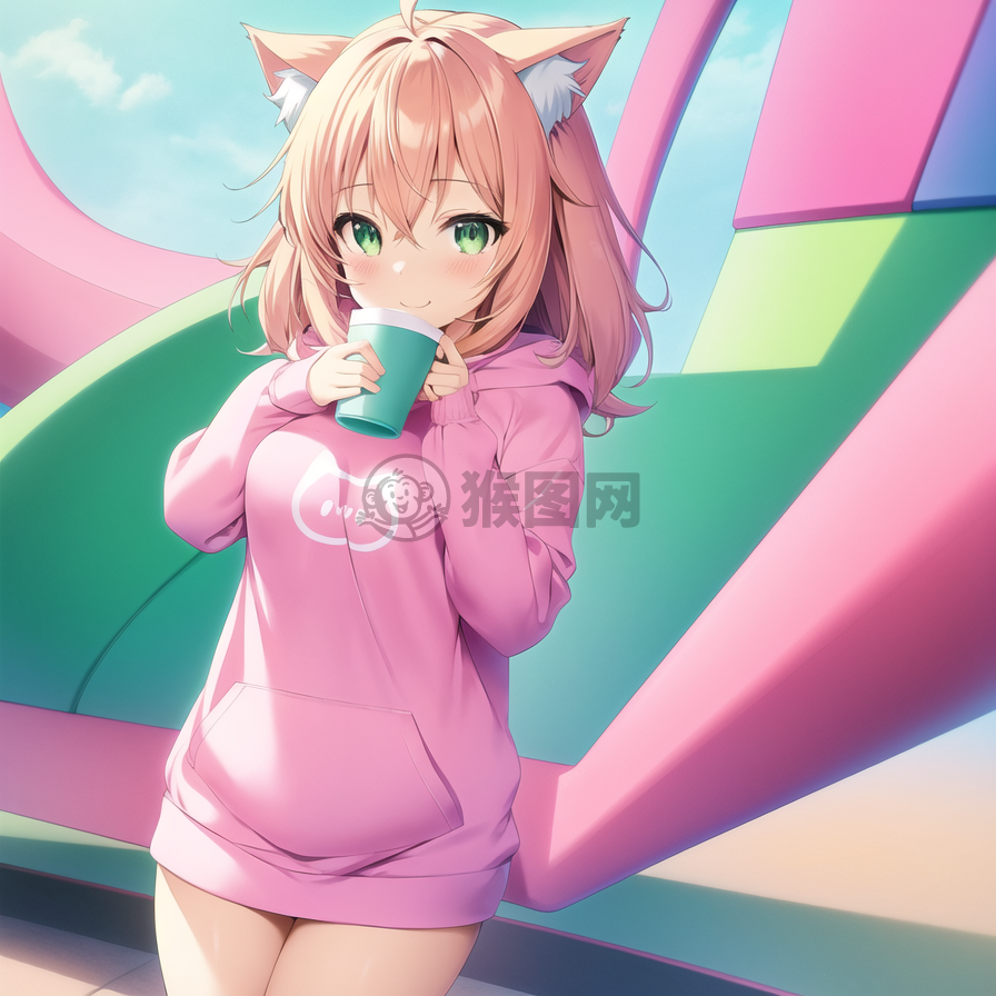 粉红猫脸女孩热可可的美好时刻