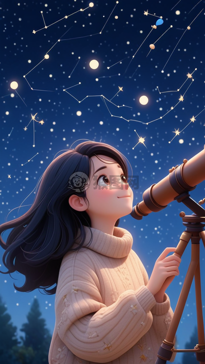 黑发少女望星空，温馨艺术展现Pixar风格。