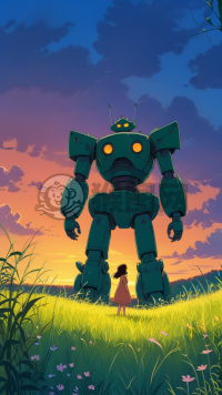 少女与巨型机器人 绿色草地上驰骋 落日余晖下的奇妙冒险。