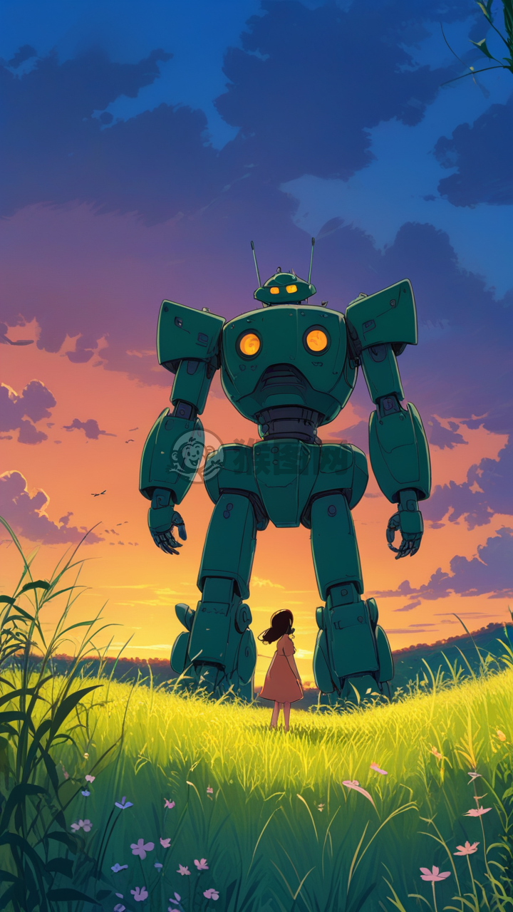 少女与巨型机器人 绿色草地上驰骋 落日余晖下的奇妙冒险。